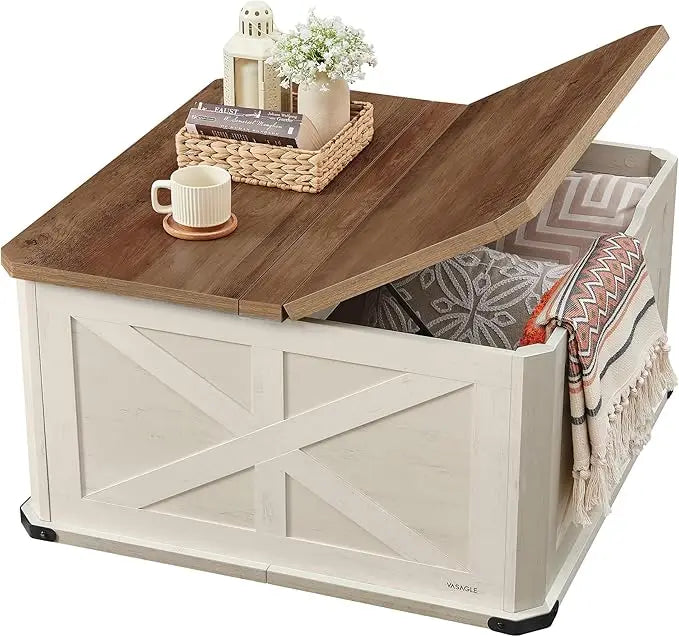 Farmhouse Coffee Table with Storage, Square Coffee Table for Living Room with Flip-Top Lids, Honey Brown and Rust