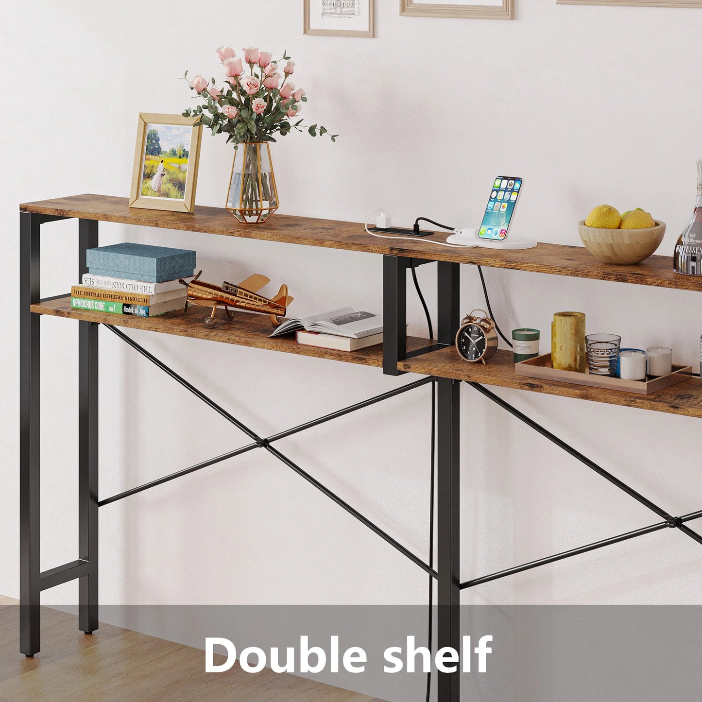 Console Table with Power Outlet, Long Sofa Table with Shelves and X-Shaped Design