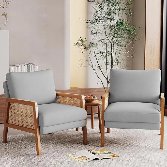Natural Rattan Living Room Chairs Accent Chair Armchair Set of 2 Modern Fabric Slipper Club Chair
