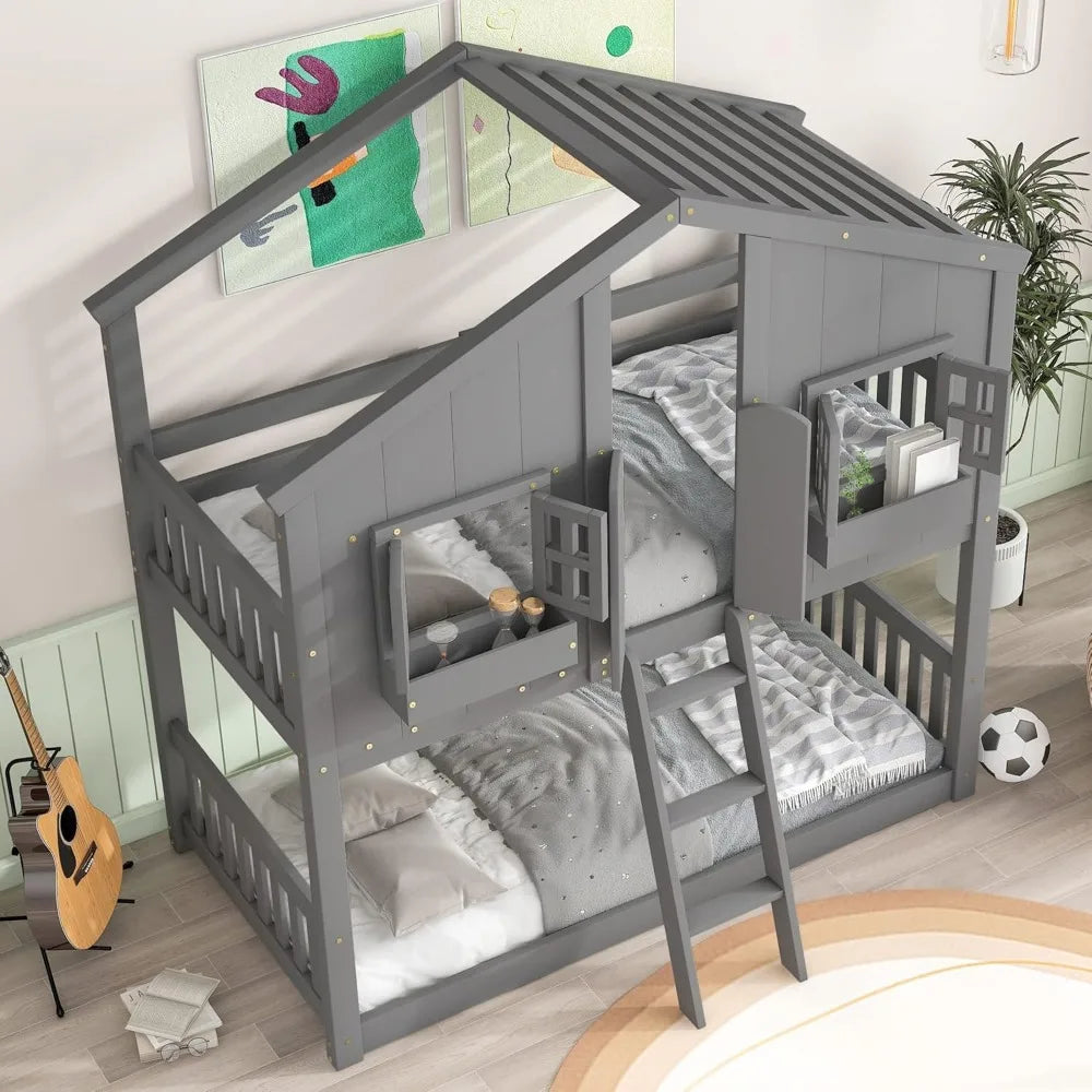 House Bunk Bed Twin Over Twin Wood Bunk Beds , Windows, Window Box and Small Door, Floor Bunk Beds with Ladder and Guard Rails