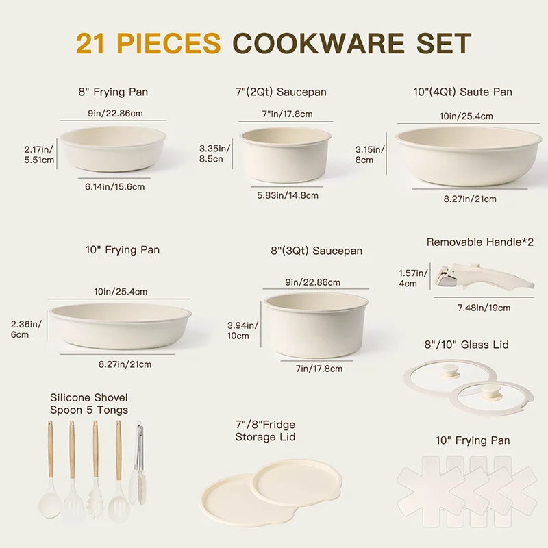 21 Piece Pots and Pans Set Non-Stick  with Sensor Handles, Milky white
