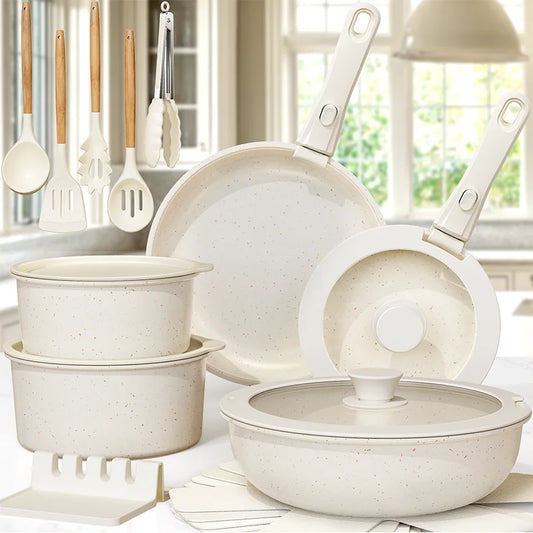 21 Piece Pots and Pans Set Non-Stick  with Sensor Handles, Milky white