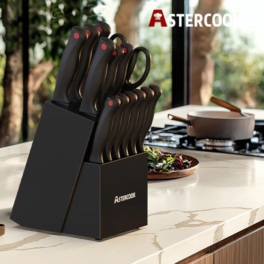 15PCS/  Knife Set with Sharpener Block - German Stainless Steel, Dishwasher Safe Kitchen Knife with Built-in Sharpener