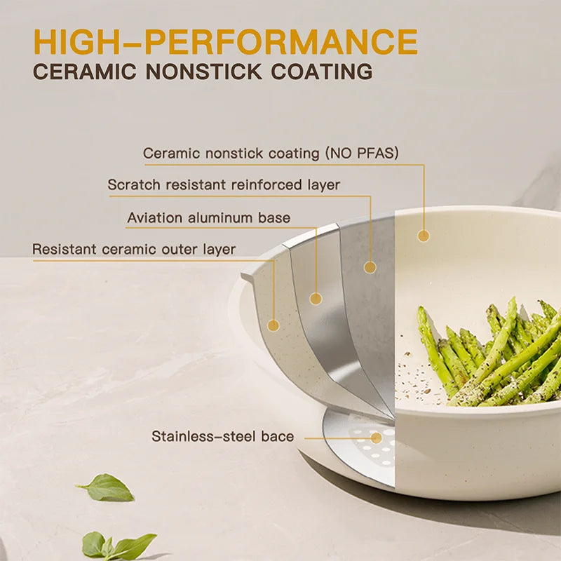 21 Piece Pots and Pans Set Non-Stick  with Sensor Handles, Milky white