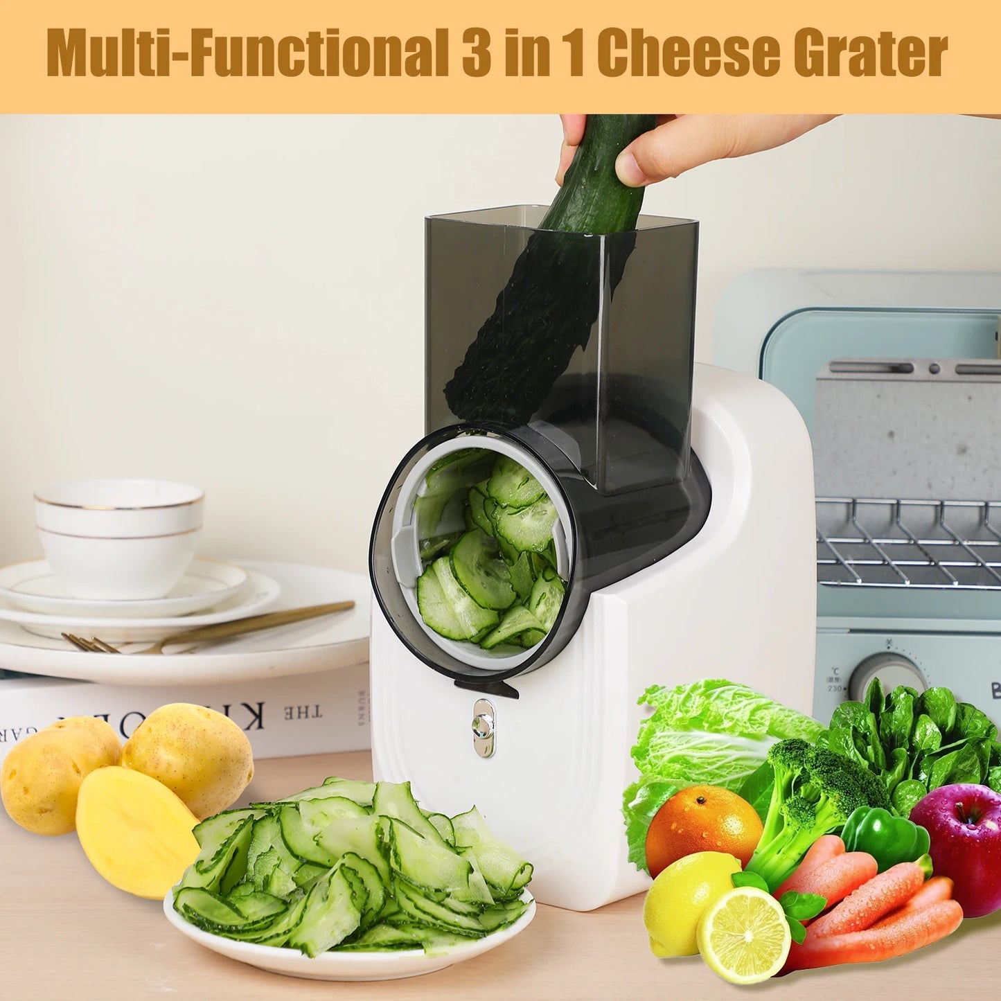 Electric Cheese Grater,Vegetable Slicer, Salad Maker, Fruit Cutter, Food Processor Spiralizer