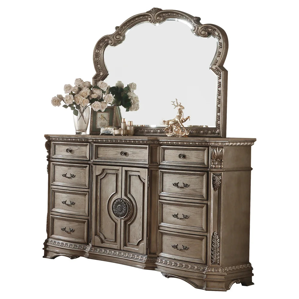Dresser (WOOD TOP) in Antique Silver European Style Dressing Table American Bedroom Vanity Mirror Solid Carved