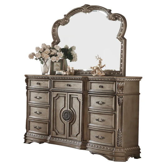 Dresser (WOOD TOP) in Antique Silver European Style Dressing Table American Bedroom Vanity Mirror Solid Carved