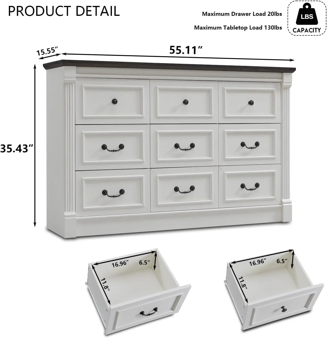 Farmhouse 9 level dresser, 55" large Roman column chest of drawers, bedroom, hallway, living room, storage dresser