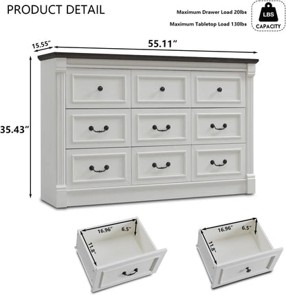 Farmhouse 9 level dresser, 55" large Roman column chest of drawers, bedroom, hallway, living room, storage dresser