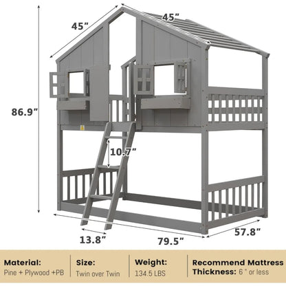 House Bunk Bed Twin Over Twin Wood Bunk Beds , Windows, Window Box and Small Door, Floor Bunk Beds with Ladder and Guard Rails