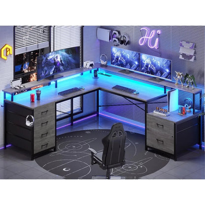 L Shaped LED Desk with 6 Drawers