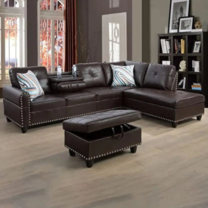 Sectional Sofa with Removable Storage Ottoman L-Shape Couch with Cupholder and Nailhead Trim 8" Faux Leather Sectional Sofa