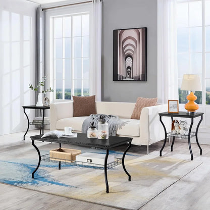 3 Pieces Living Room Table Sets, Coffee and End Tables with Open Storage Shelves