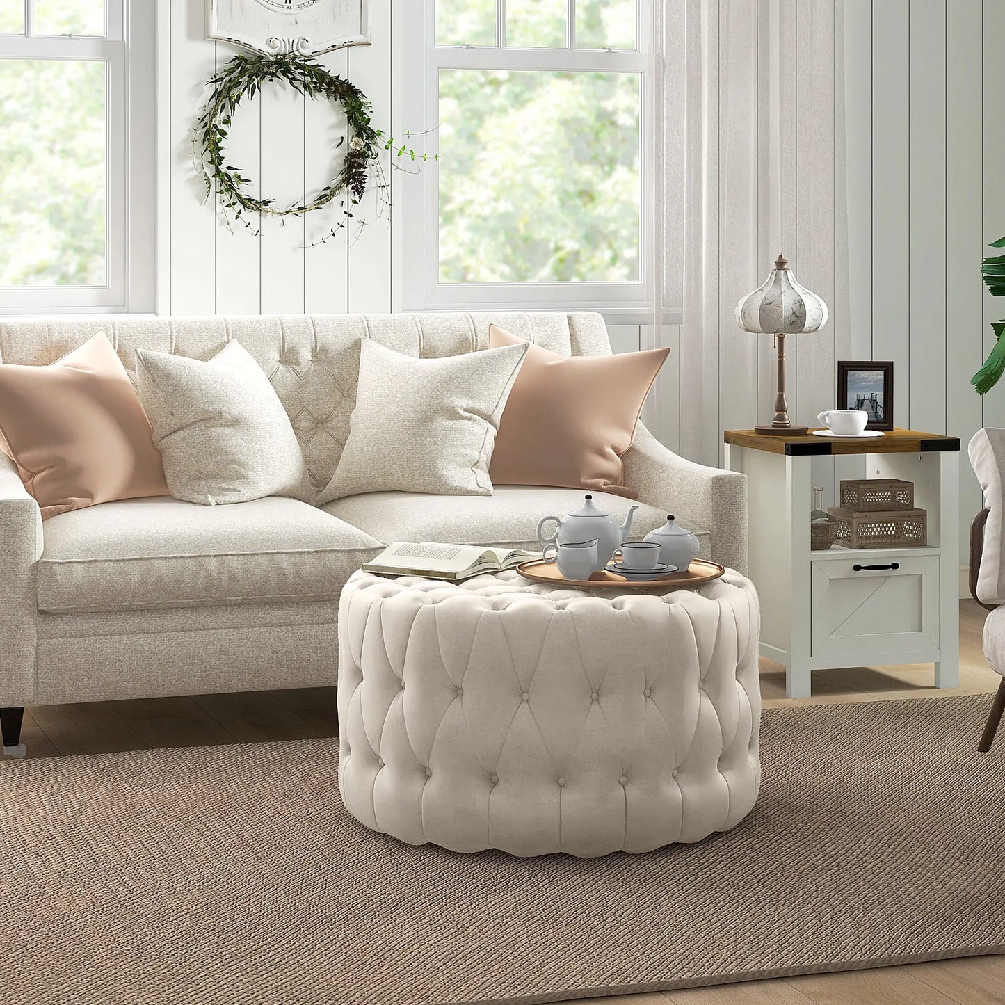 Button Tufted Ottoman Foot Stool with Velvet-feel Upholstery, Beige
