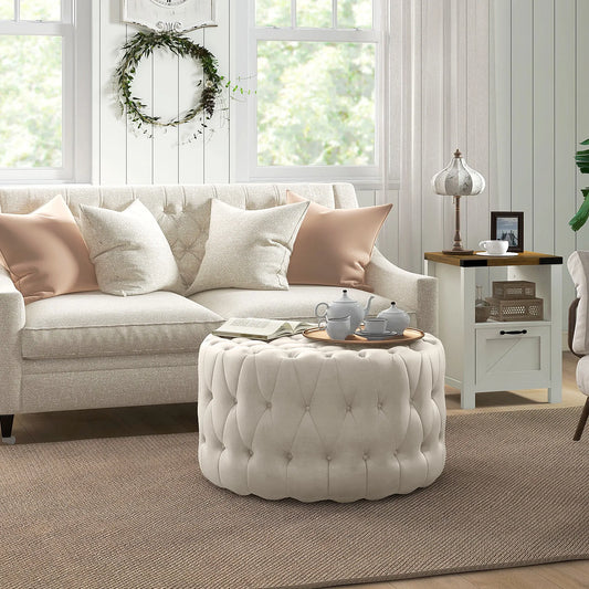Button Tufted Ottoman Foot Stool with Velvet-feel Upholstery, Beige