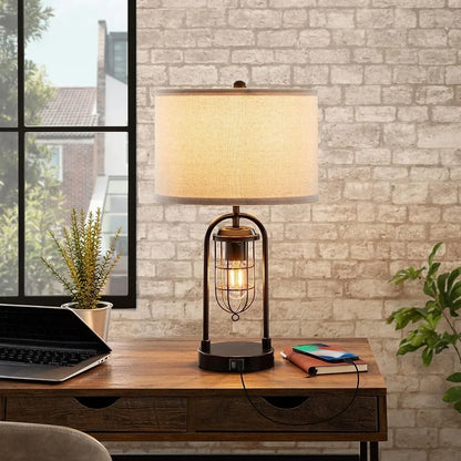 Set of 2 Farmhouse Table Lamps With USB Ports and Night Light