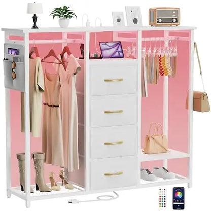 Dresser for Bedroom with 2 Clothes Racks, 4 Drawer Dresser with Led Light and Charging Station,White Dresser with Hanging Rack