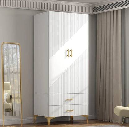 Wardrobe Armoire with 2 Drawers, 2 Doors and Hanging Rods, Twill Wooden Closet Storage with Metal Cabinet Legs, White