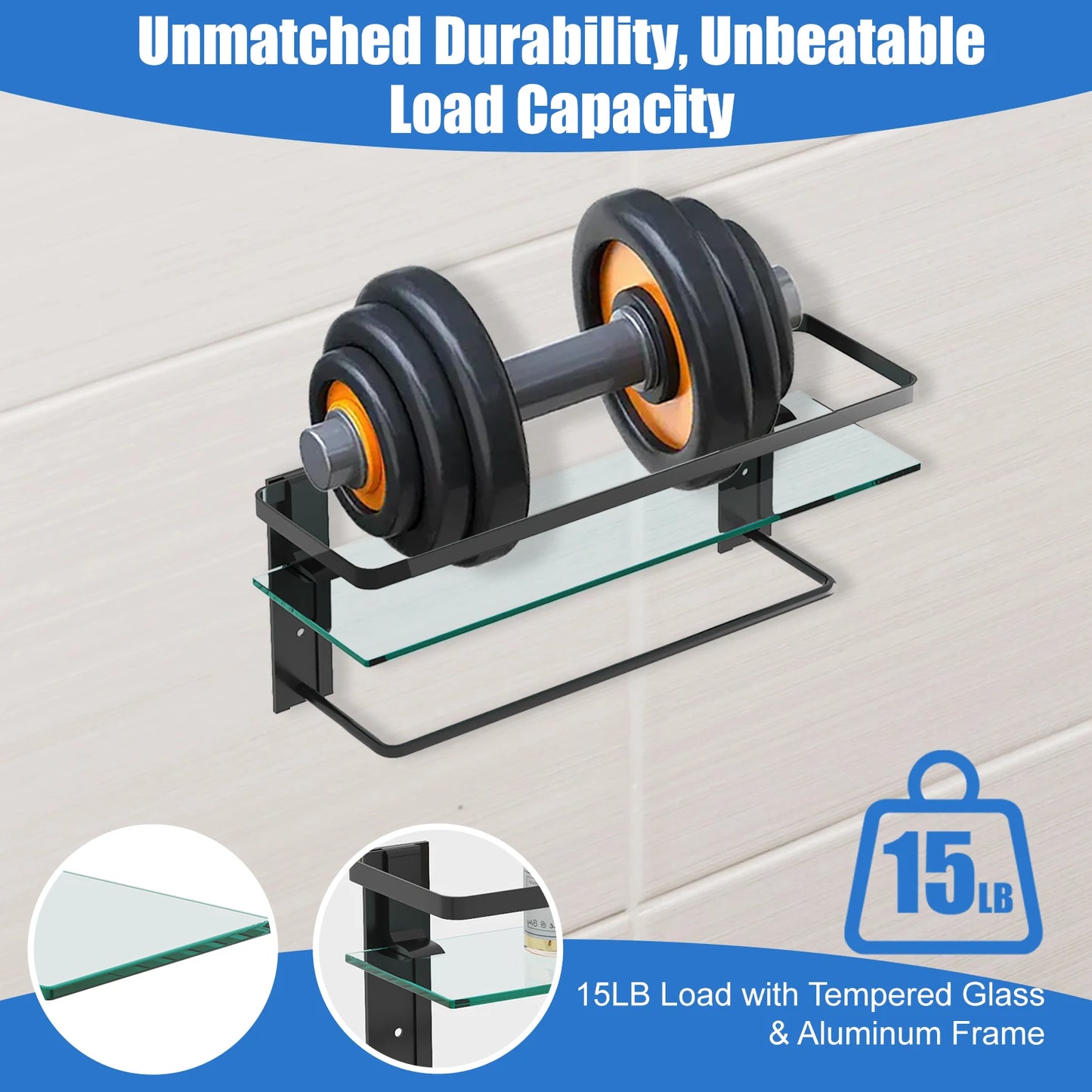 Glass Bathroom Shelf with Towel Bar 15.7in