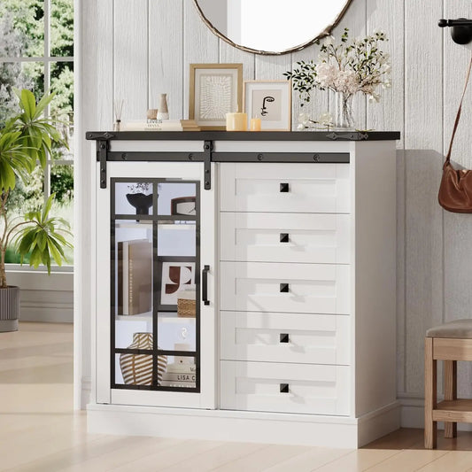 Dresser for Bedroom 6 Drawer Dresser with Slide Glass Door Farmhouse Tall Chest of Drawers Storage
