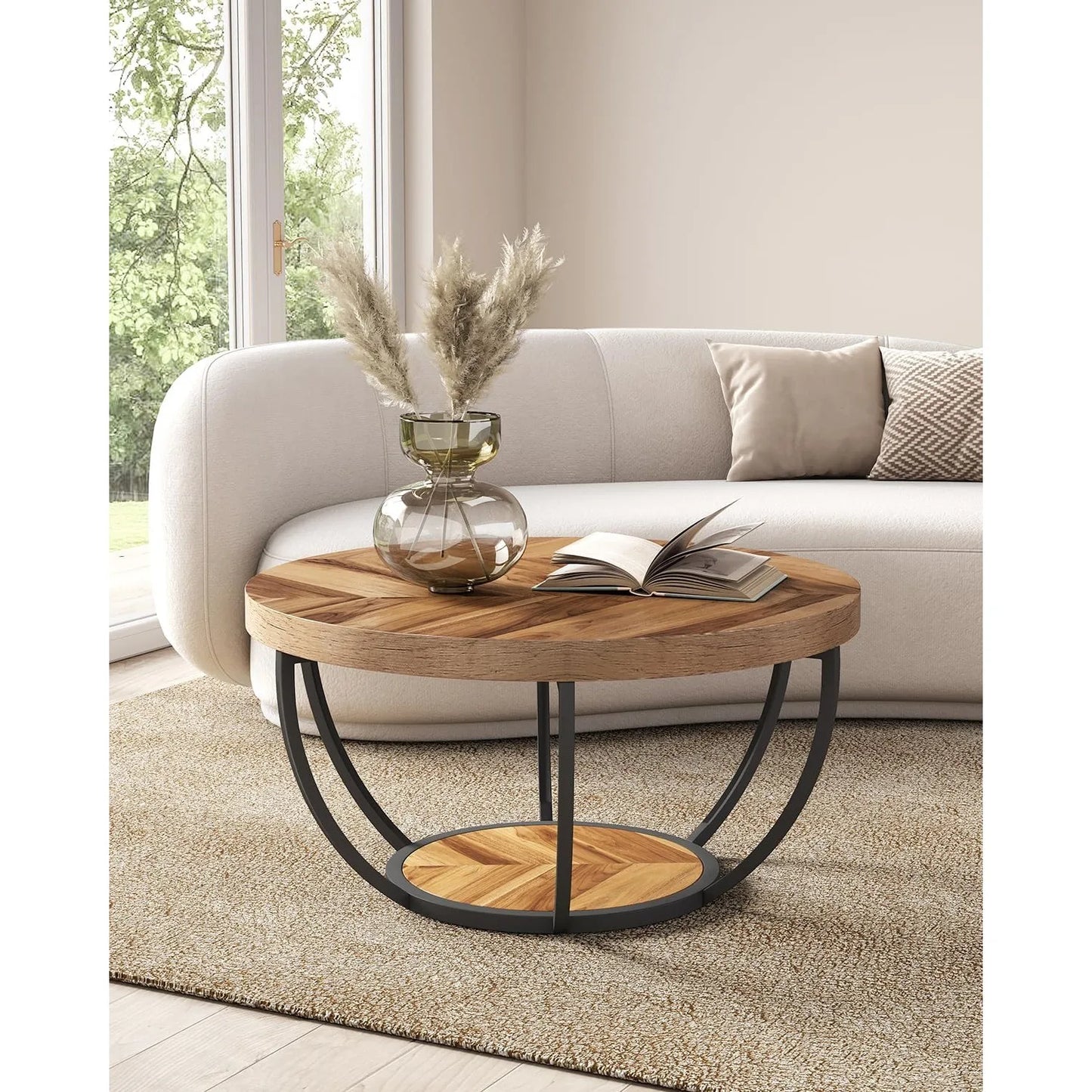 32" Circle Marble Coffee Tables, 2-Tier Golden Metal Legs Accent Center Table with Open Storage