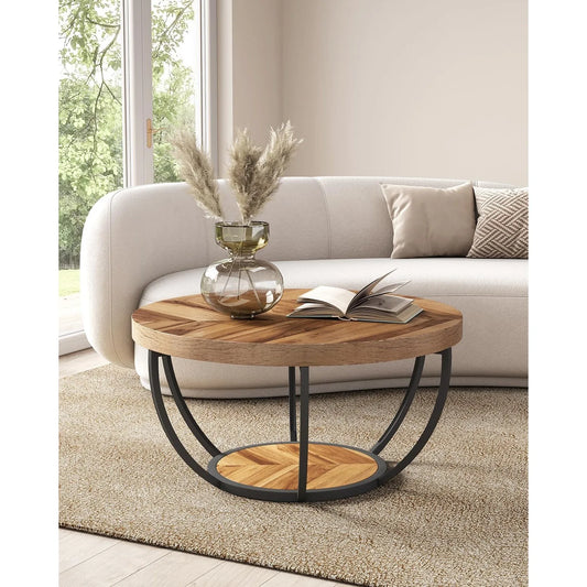 32" Circle Marble Coffee Tables, 2-Tier Golden Metal Legs Accent Center Table with Open Storage
