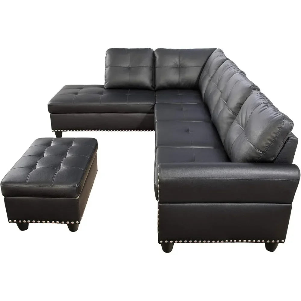 Sectional Sofa with Removable Storage Ottoman L-Shape Couch with Cupholder and Nailhead Trim 8" Faux Leather Sectional Sofa