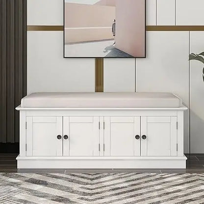 Rustic Storage Bench with 4 Doors and Adjustable Shelves Removable Cushion