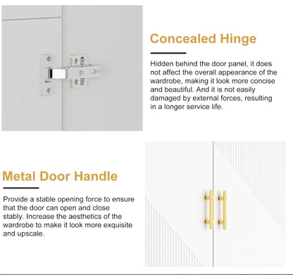 Wardrobe Armoire with 2 Drawers, 2 Doors and Hanging Rods, Twill Wooden Closet Storage with Metal Cabinet Legs, White