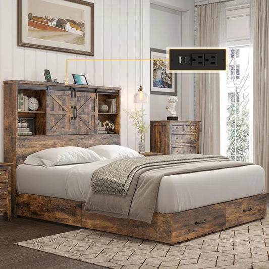 Queen Size Wood Platform Bed Frame with 51.2" Bookcase Headboard, Storage Bed with Sliding Barn Door Charging Station