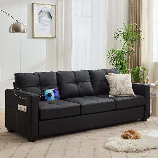 88W Black Faux Leather Sofa Couches for Living Room