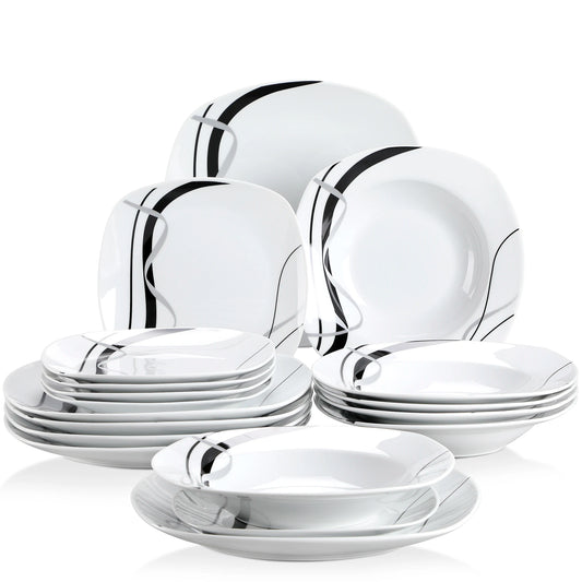 18/36-Piece Porcelain Ceramic Black Line Kitchen Tableware Dishes Plate Set with Dinner Plate,Dessert,Soup Plate