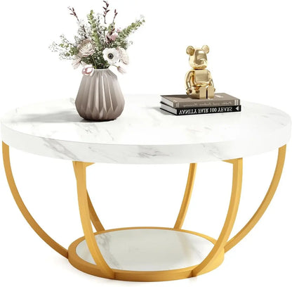 32" Circle Marble Coffee Tables, 2-Tier Golden Metal Legs Accent Center Table with Open Storage