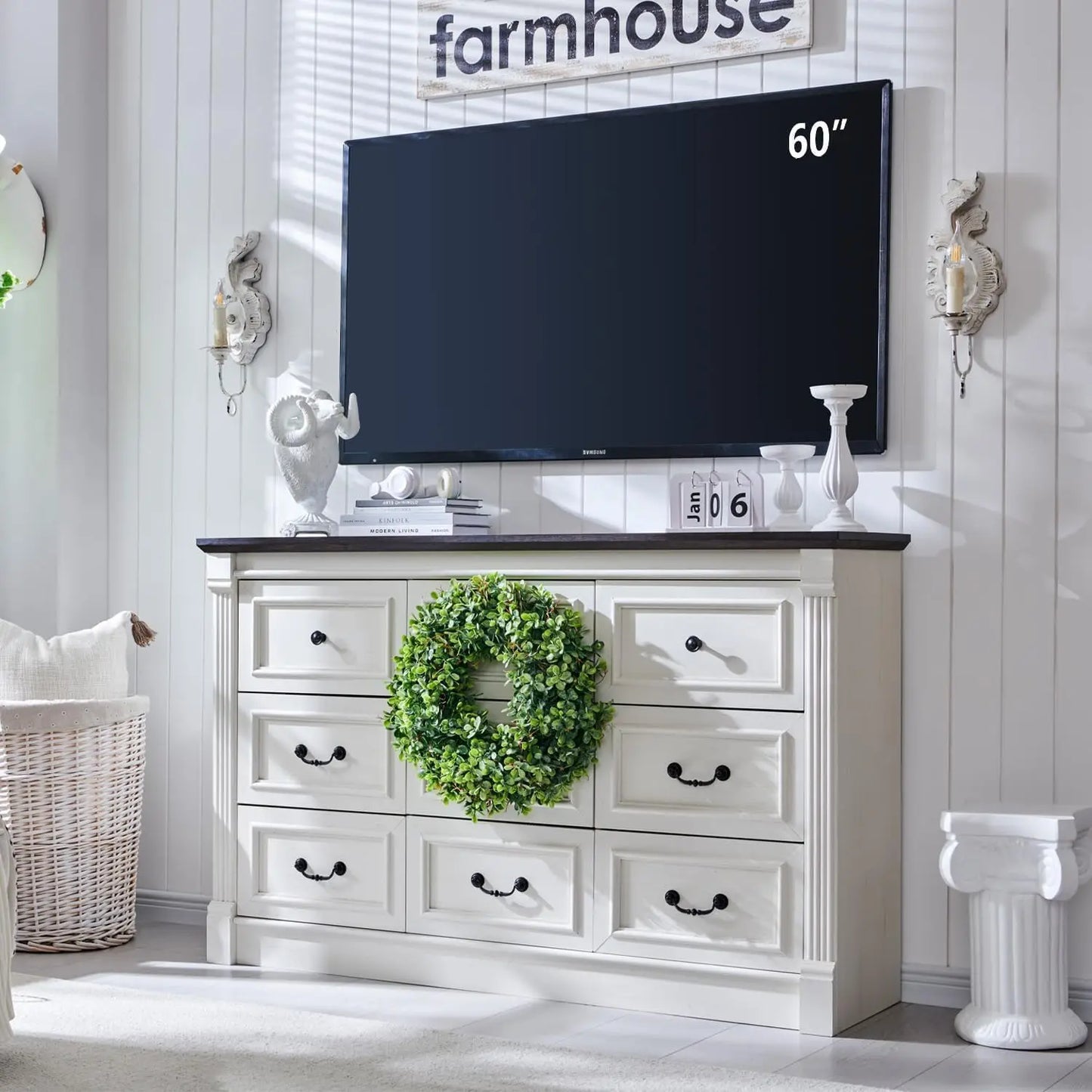 Farmhouse 9 level dresser, 55" large Roman column chest of drawers, bedroom, hallway, living room, storage dresser