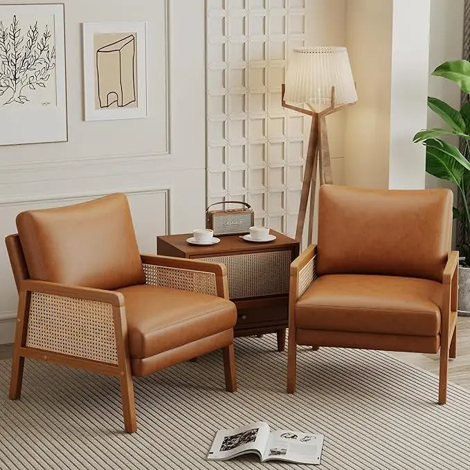 Natural Rattan Living Room Chairs Accent Chair Armchair Set of 2 Modern Fabric Slipper Club Chair