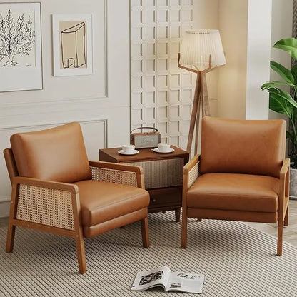 Natural Rattan Living Room Chairs Accent Chair Armchair Set of 2 Modern Fabric Slipper Club Chair