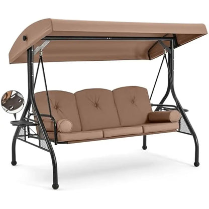 3 Seat Porch Swing W/Adjustable Canopy, Convertible Patio Swings Bed with Stand and Upgraded Cup Holder, Thicken Cushions＆Pillow