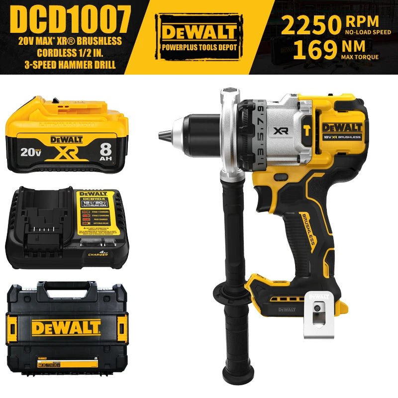 DEWALT DCD1007 Brushless Cordless 1/2 in. 3-Speed Hammer Drill 20V Power Tools 169NM With Battery Charger