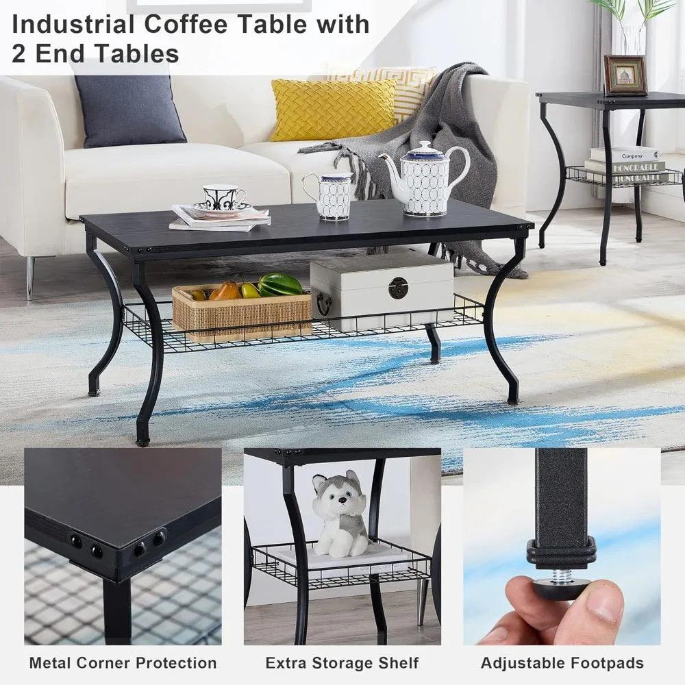 3 Pieces Living Room Table Sets, Coffee and End Tables with Open Storage Shelves