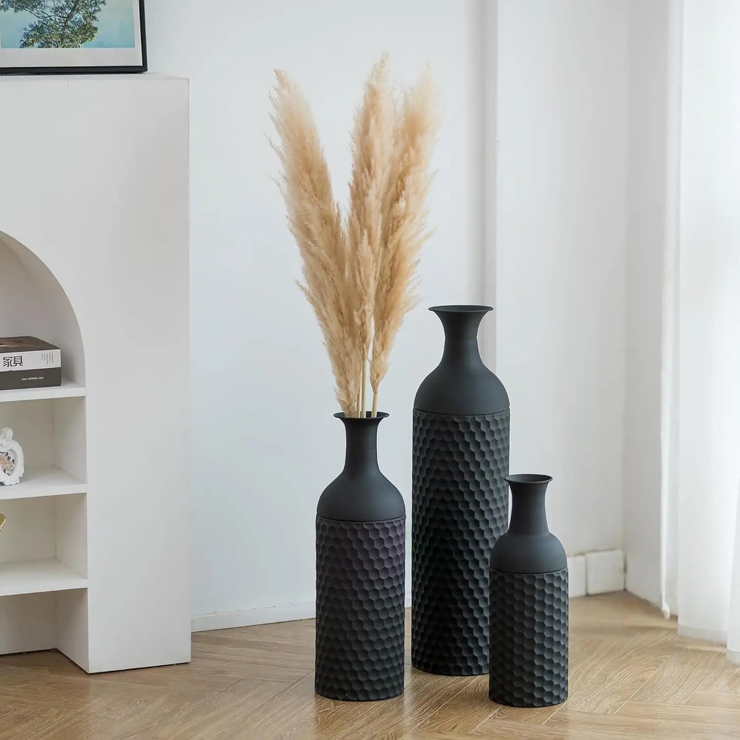 Set of 2 Big Metal Glazed Vases for Pampas Grass Twigs Vintage