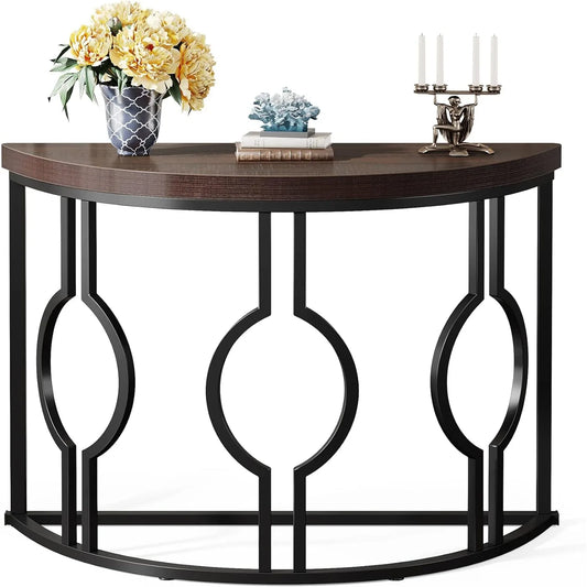 Industrial Semi Circle Sofa Table for Living Room, Hallway, Foyer, Rustic Brown