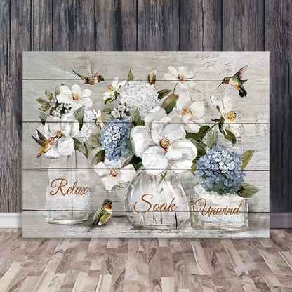 1.5 inch thick pine frame rustic farmhouse canvas wall art, elegant white floral and hummingbird design, interior decor