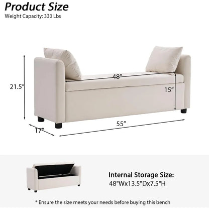55" End of Bed Bench for King Size Bed, Upholstered Long Ottoman Bench with Arms and 2 Pillows