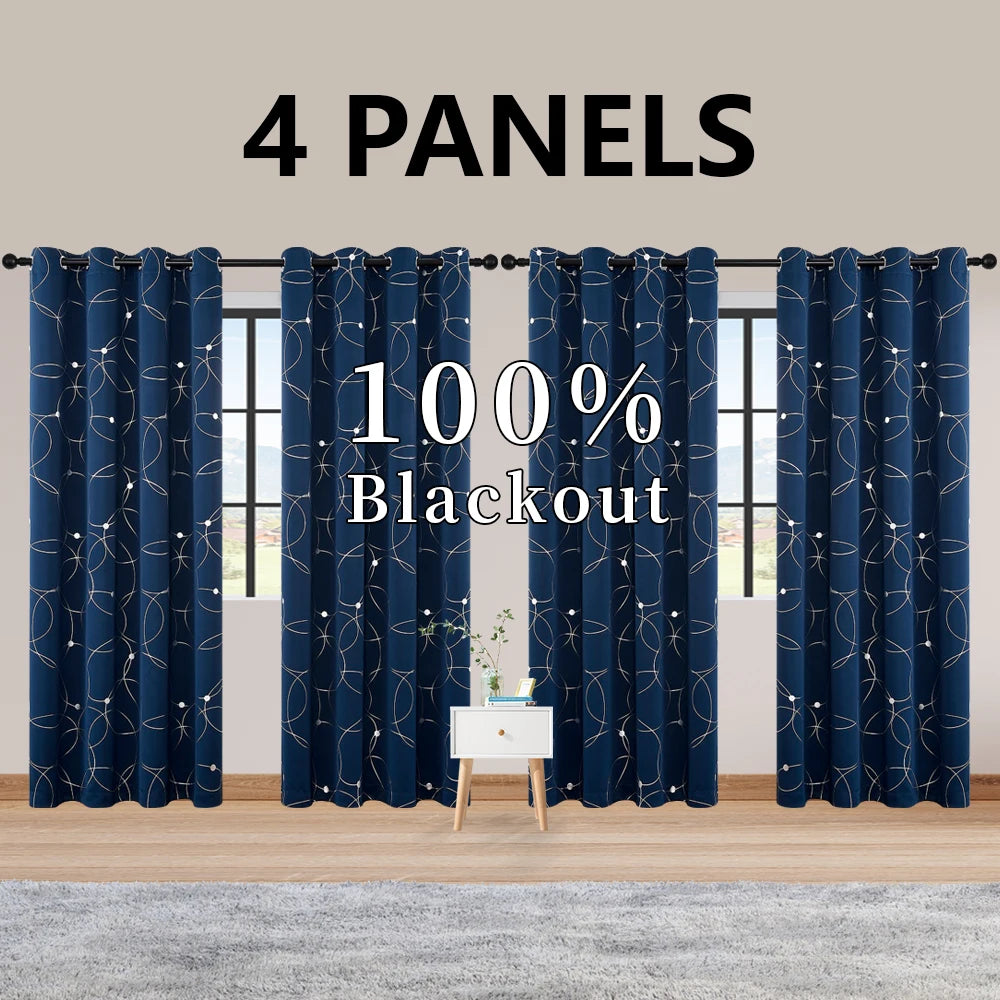 4 PCS  Circle And Dots Foil Blackout Curtains Grommet Thermal Insulated