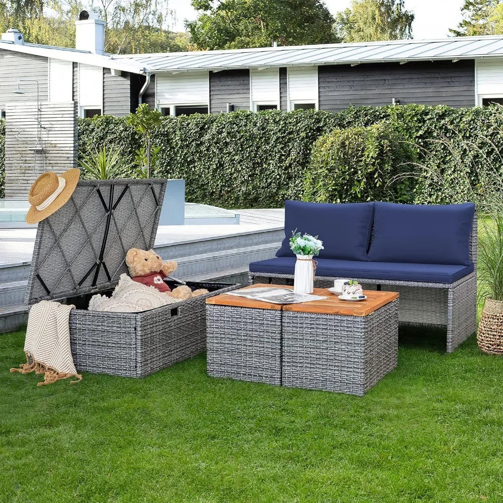 Patio Daybed Set Multifunctional Rattan Lounge Bed with 2 Side Tables for Backyard Porch