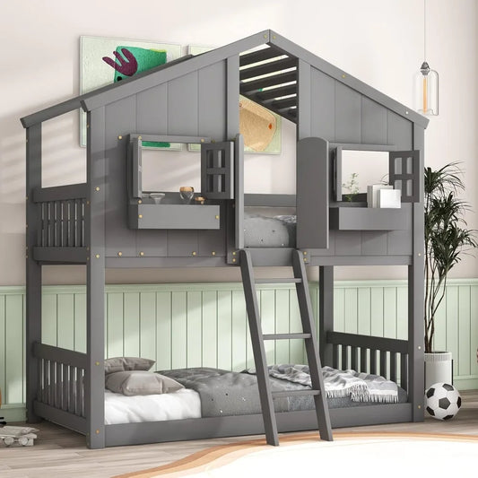 House Bunk Bed Twin Over Twin Wood Bunk Beds , Windows, Window Box and Small Door, Floor Bunk Beds with Ladder and Guard Rails
