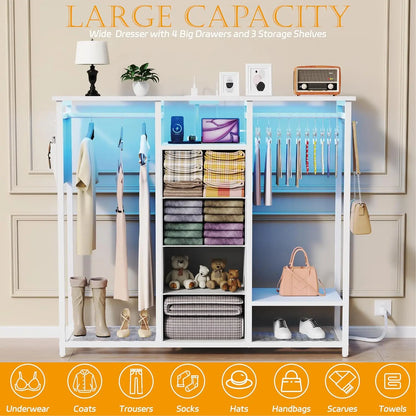 Dresser for Bedroom with 2 Clothes Racks, 4 Drawer Dresser with Led Light and Charging Station,White Dresser with Hanging Rack
