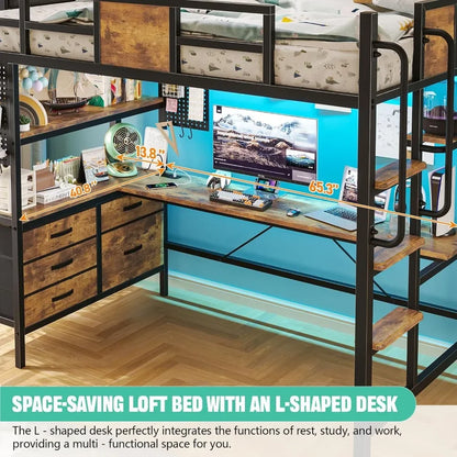 Loft Bed Twin Size with L Shaped Desk and Storage