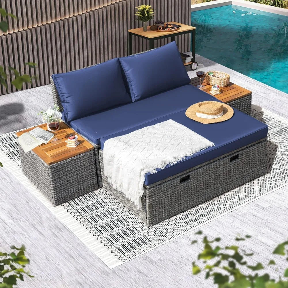 Patio Daybed Set Multifunctional Rattan Lounge Bed with 2 Side Tables for Backyard Porch