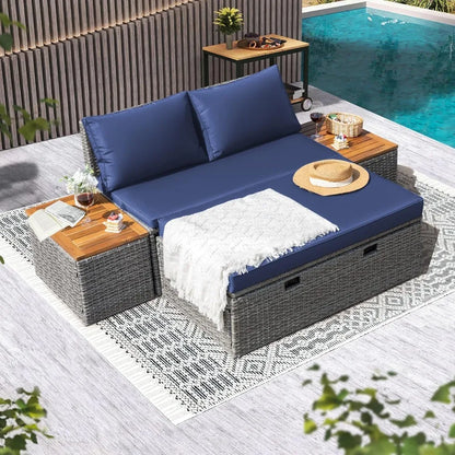 Patio Daybed Set Multifunctional Rattan Lounge Bed with 2 Side Tables for Backyard Porch